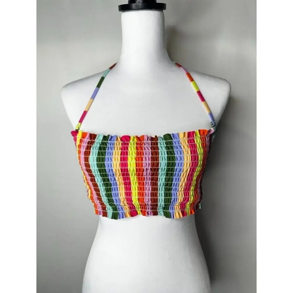 MSRP $20 SALT + COVE Striped Removable Strap Smocked Cabana Bandeau Top Size L